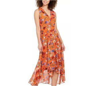 Calvin Klein Dress 14W Orange Floral Flowy Hi Low Midi Career Church Party NEW